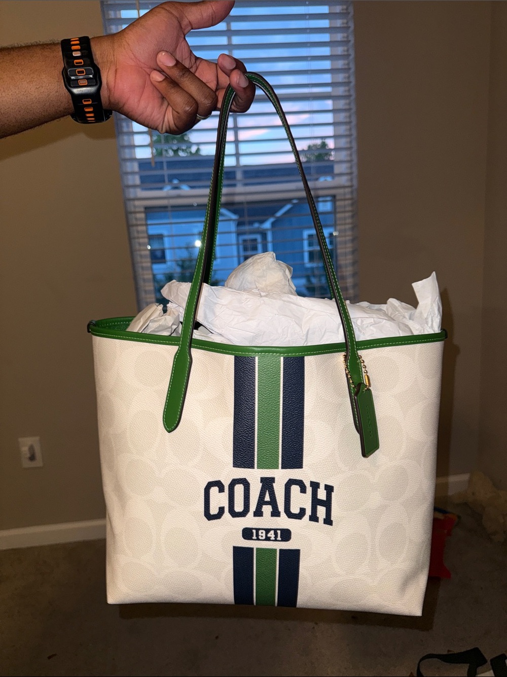 Coach Cream Signature Tote with Green & Blue Stripes